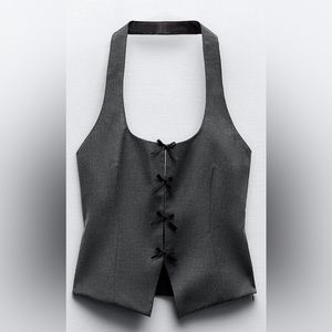 Zara Gray Halter Top with Black Bow Accents
